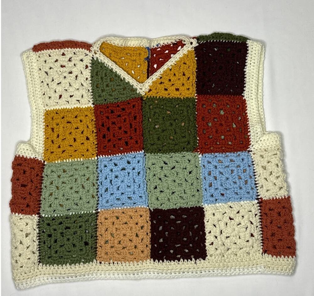Vintage OOAK Handmade Crocheted Patchwork Hippie crop Vest Multicolor medium